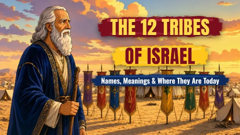 The 12 tribes of Israel featured image: an old patriarch with a staff stands before a desert camp of tents and twelve tribal banners at sunset, with the title The 12 Tribes of Israel: Names, Meanings and Where They Are Today