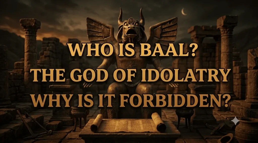 An ancient horned, winged Baal idol statue seated among ruins at night, illustrating idol worship condemned in the Bible