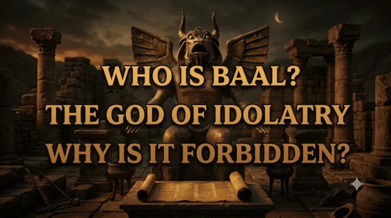 An ancient horned, winged Baal idol statue seated among ruins at night, illustrating idol worship condemned in the Bible