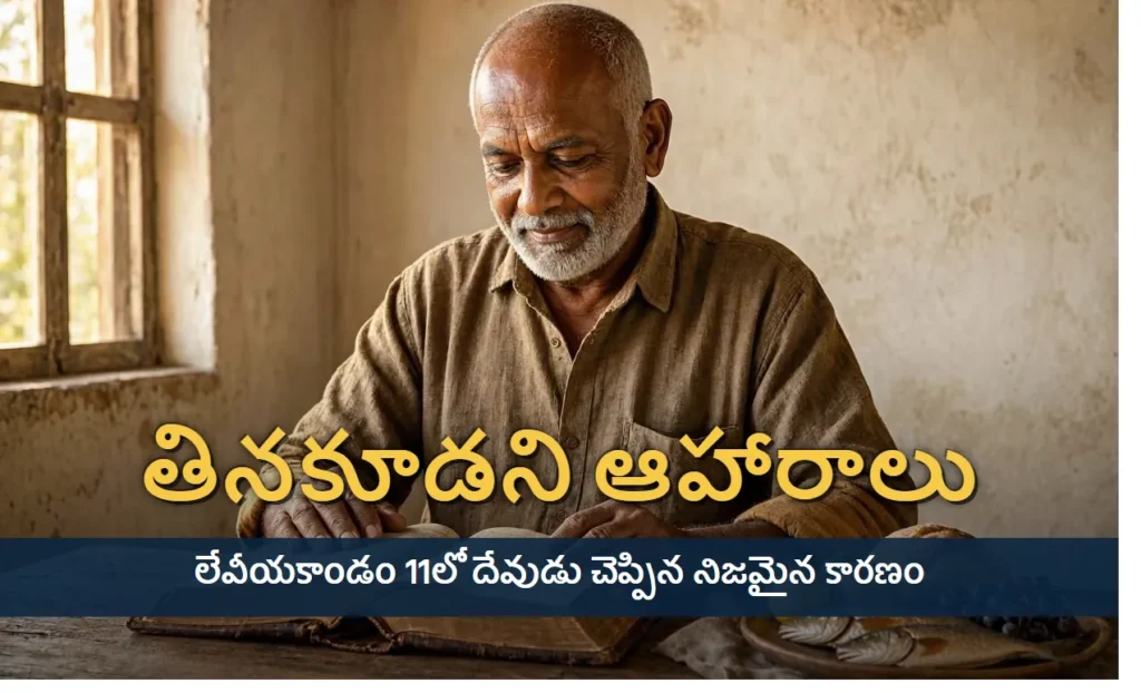 బైబిల్లో తినకూడని ఆహారాలు ఏవి? లేవీయకాండం 11 వివరణ 2 బైబిల్ తెరిచి ఉంచిన పుస్తకం, దాని పక్కన పండ్లు, రొట్టె, చేపలు ఉన్న బల్ల
