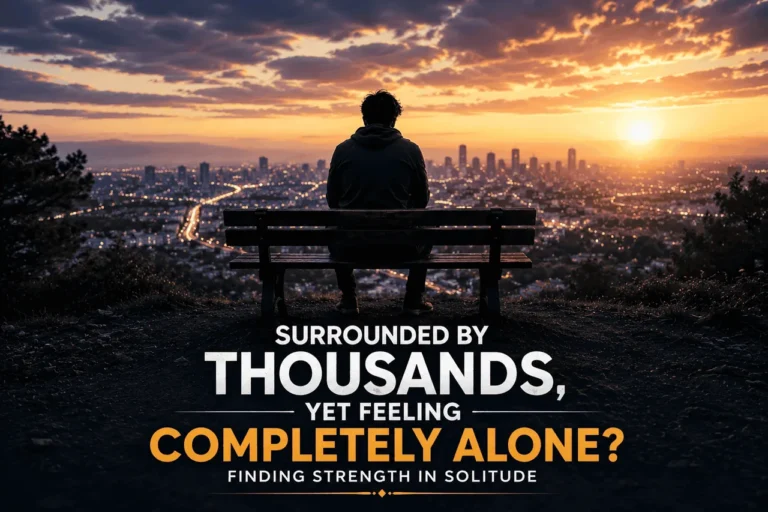 A man sitting alone on a bench overlooking a glowing city skyline at sunset