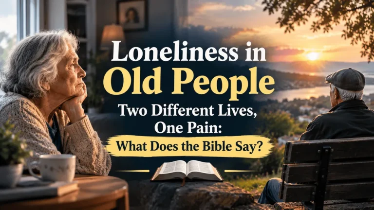 An elderly woman sitting alone indoors and an elderly man sitting alone on a bench outdoors at sunset, an open Bible between them