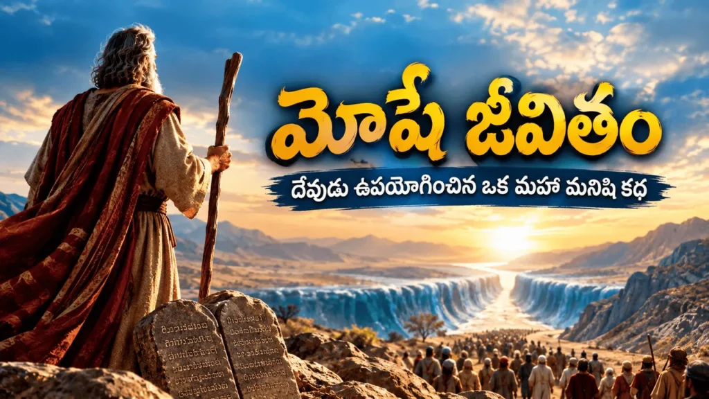 Title graphic reading THE LIFE OF MOSES over a desert and mountain scene, illustrating the biblical story of Moses
