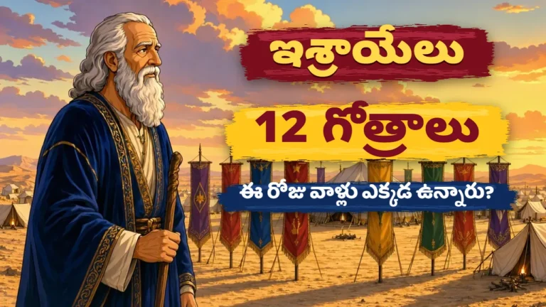చేతిలో కర్రతో ఎడమ వైపు నిలబడిన తెల్లని గడ్డం ఉన్న వృద్ధ పితరుడు, వెనుక ఎడారిలో గుడారాల చుట్టూ పన్నెండు రంగుల గోత్రపు జెండాలు, సూర్యాస్తమయ ఆకాశం; పైన బ్రష్ స్ట్రోక్ నేపథ్యం మీద ఇశ్రాయేలు 12 గోత్రాలు, ఈ రోజు వాళ్లు ఎక్కడ ఉన్నారు? అనే అక్షరాలు