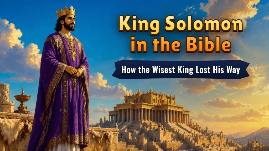 King Solomon in the Bible: How the Wisest King Lost His Way 2 King Solomon in a purple and gold royal robe and crown, standing beside his golden temple in Jerusalem under a sunset sky, with the title King Solomon in the Bible