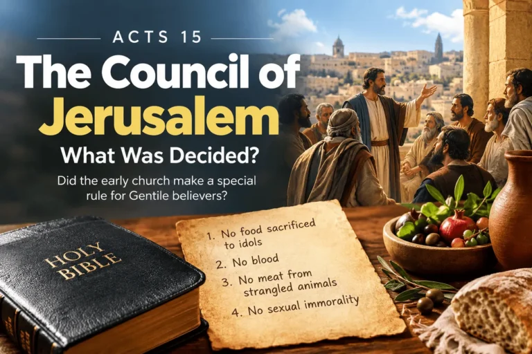 Acts 15, the Council of Jerusalem: Peter addressing the apostles and elders, with a note listing the four instructions given to Gentile believers