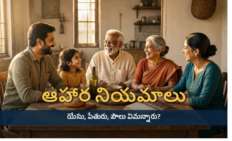 తెరిచిన కొత్త నిబంధన బైబిల్, పక్కన రొట్టె, చేపలు, ద్రాక్షారసం ఉన్న భోజనం బల్ల