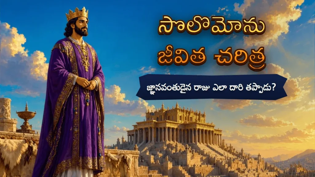 ఊదా రంగు రాజ వస్త్రాలు, బంగారు కిరీటం ధరించి నిలబడిన సొలొమోను రాజు, వెనుక సూర్యాస్తమయ వెలుగులో బంగారు మందిరం; పక్కన సొలొమోను జీవిత చరిత్ర అనే టైటిల్