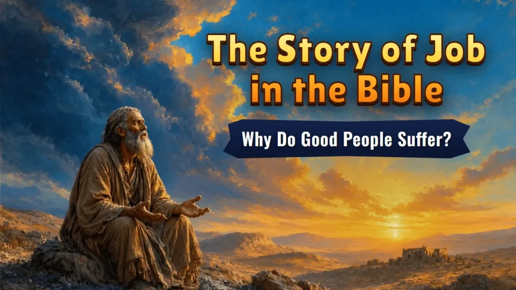 The Story of Job in the Bible: Why Do Good People Suffer? 2 Painting of the elderly Job sitting on a rocky hillside with open hands, looking up at a sky where storm clouds give way to a golden sunrise, with the title The Story of Job in the Bible