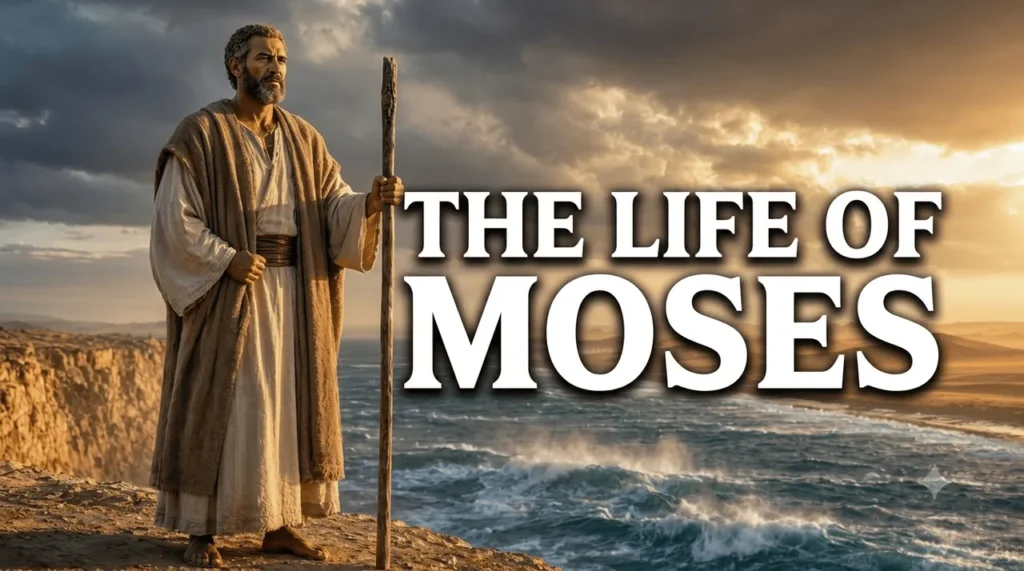 Moses standing on a cliff overlooking the sea at sunset, holding his staff, with the title THE LIFE OF MOSES